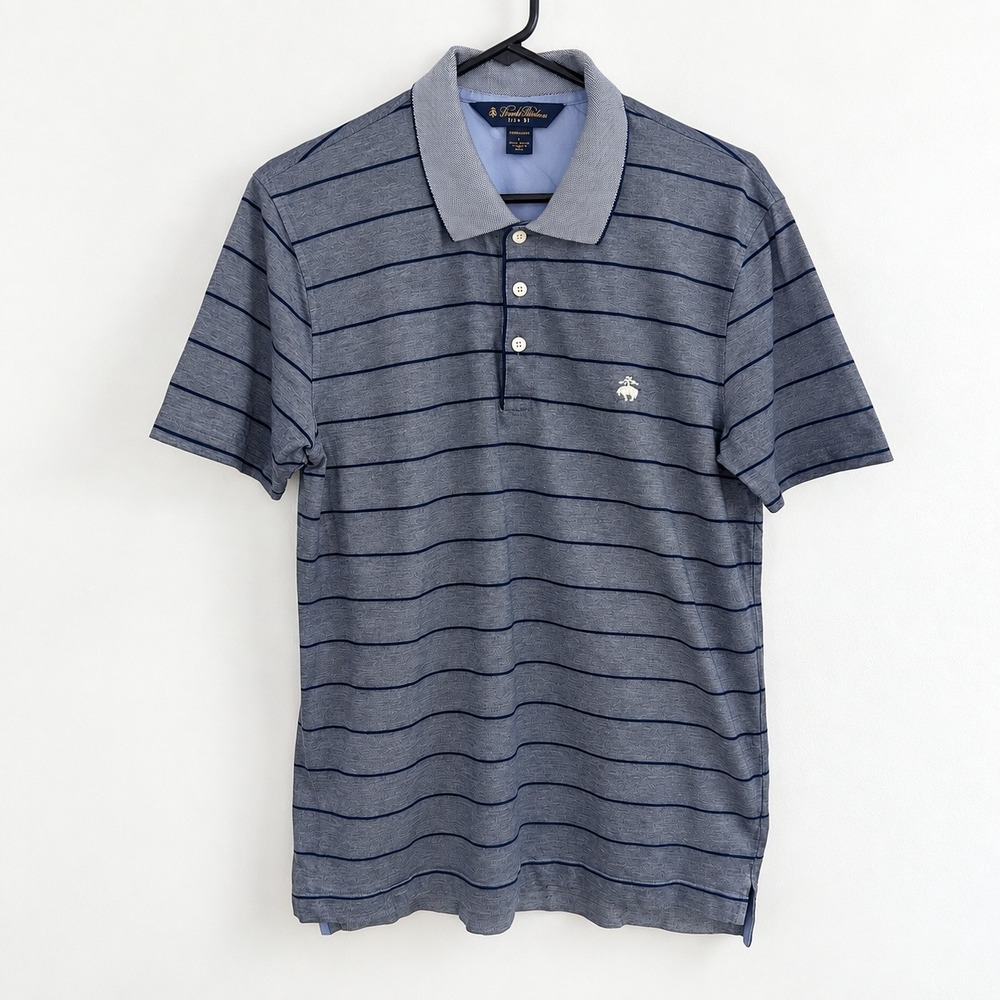 Brooks Brothers Mens Navy Blue Striped Slim Fit Short Sleeve Cotton Polo Large